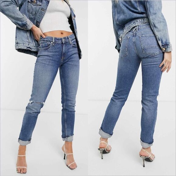 Free People Cuffed Slim Boyfriend Jeans Size 30 Medium Wash High Rise - Picture 1 of 8